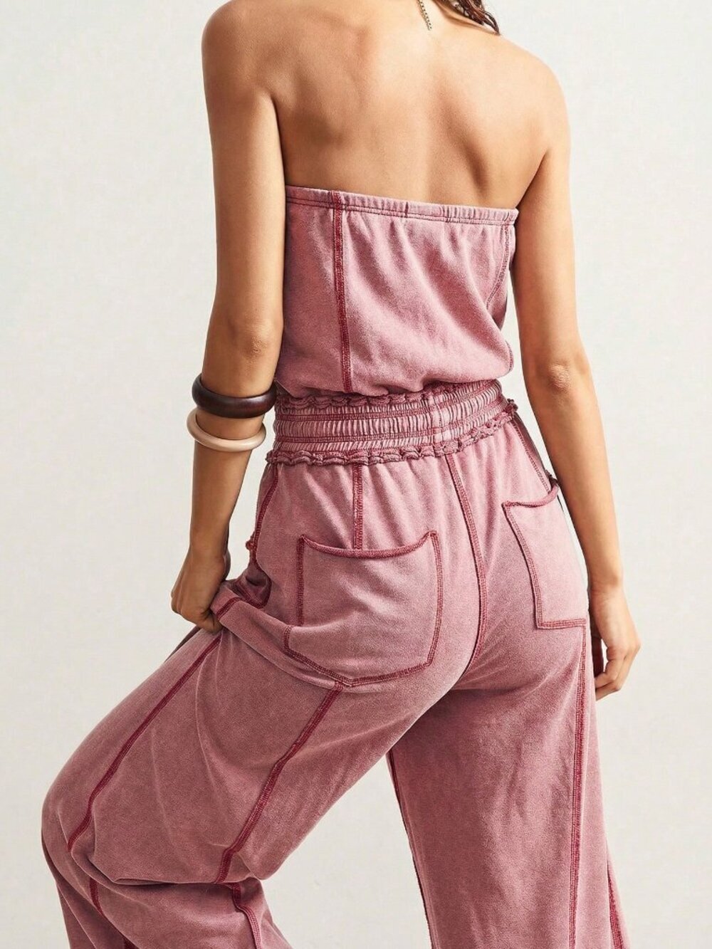 Rust Brown Casual Women's Knitted Strapless Jumpsuit - Picture 3 of 7
